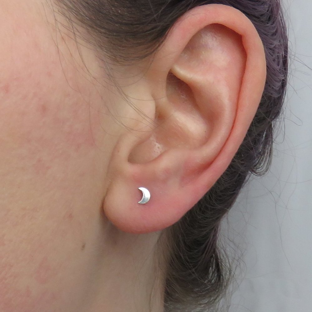 Tiny Silver Half Moon Stud Earrings 4mm Size Artisan Handcrafted NWT - Picture 6 of 7